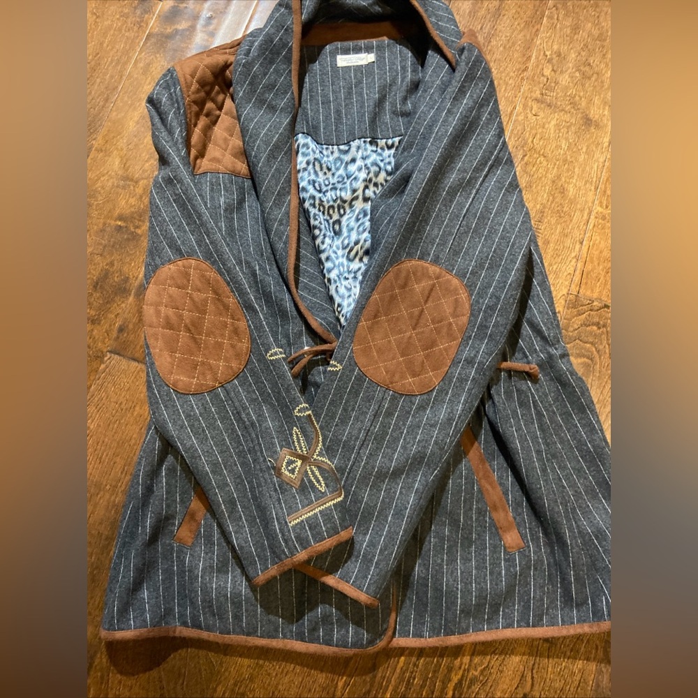 Tasha Polizzi Riding Pinstripe Gray Blazer Jacket Women’s Sz L - Picture 2 of 8